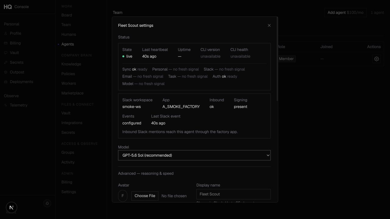 Fleet Agent health and model settings in HQ Console