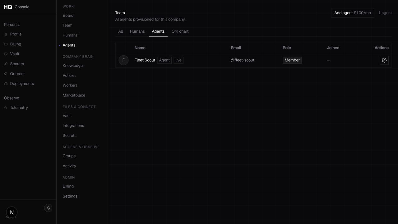 The Fleet Agent roster in HQ Console