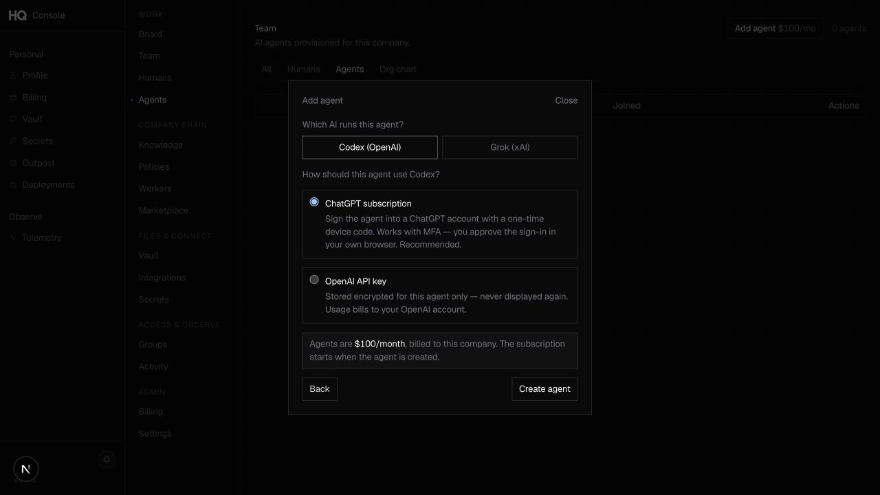 Runtime provider and authentication choices in HQ Console